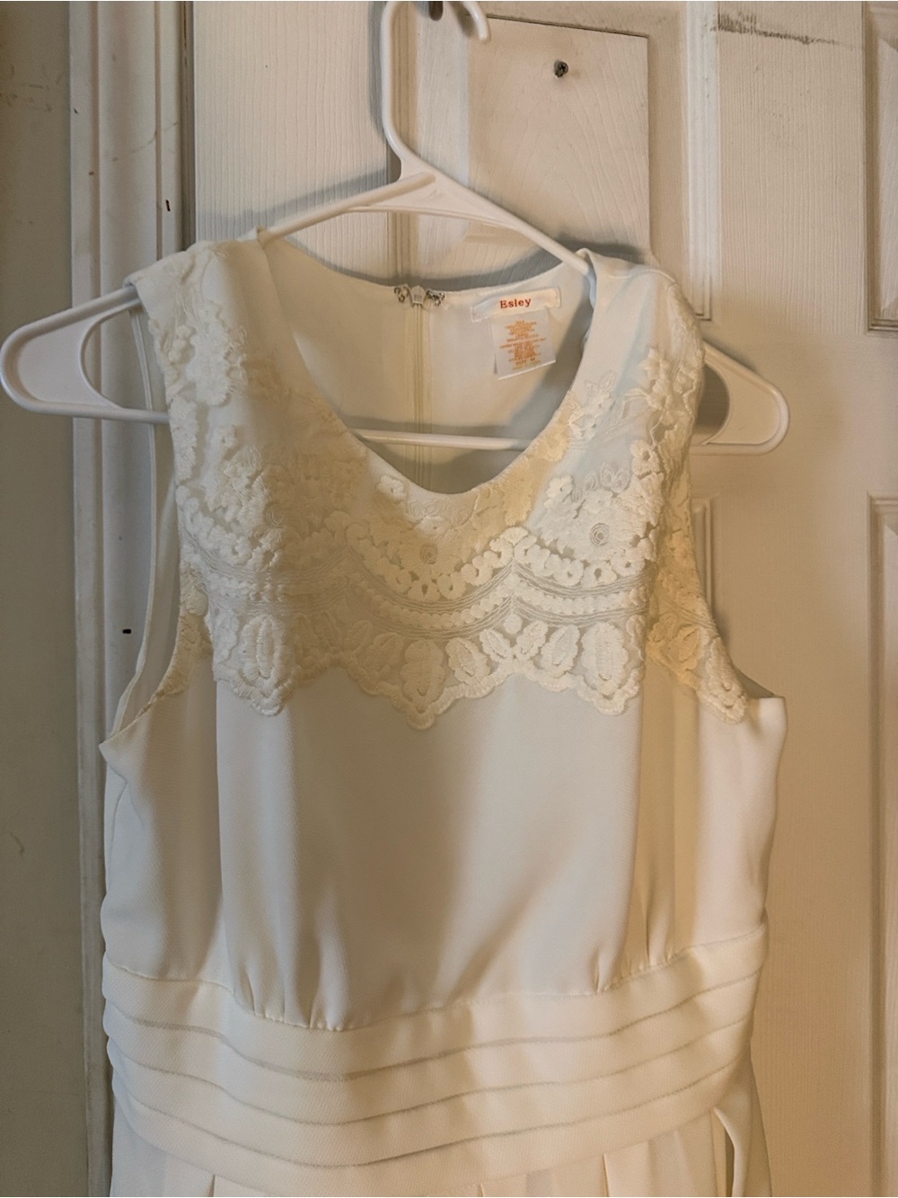 Esley Girl White Chiffon Pleated Dress Lace Yoke Neck Size